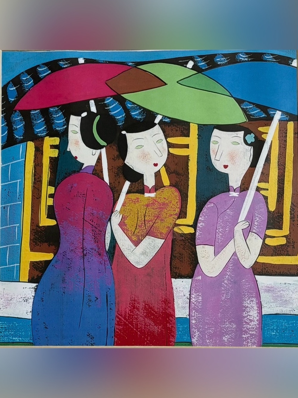Hu Yongkai Three Women With Umbrellas Art Print In Matte Chinese Artist Colorful